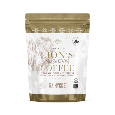 Paquet de café biologique Lion's Mane avec un design élégant et des informations nutritionnelles.